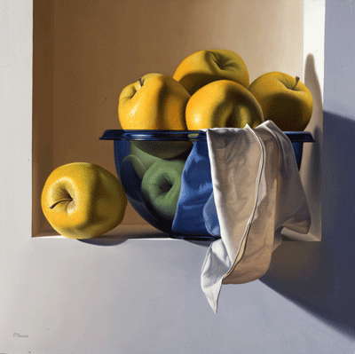 Peinture de Paul magendie en trompe l'oeil représentant des pommes
